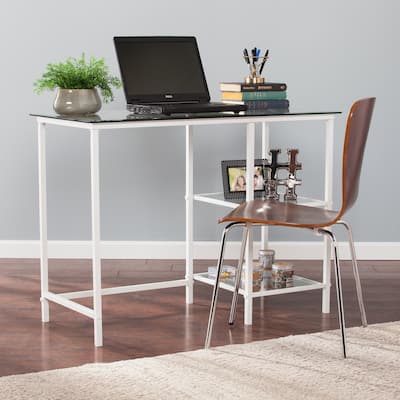Modern Simple Style Office Desk,Metal/Glass Student Desk - White,Writing Desk