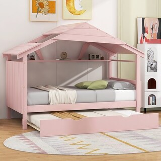 Pink Twin Size Solid Wood House Bed with Trundle and Storage for for Kids, Boys and Girls