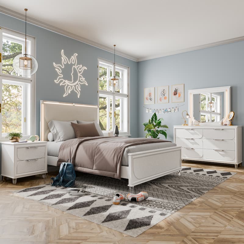 Furniture of America Drima Modern 4-Piece Pearl White Solid Wood Kids Platform Bedroom Set with LED - Twin