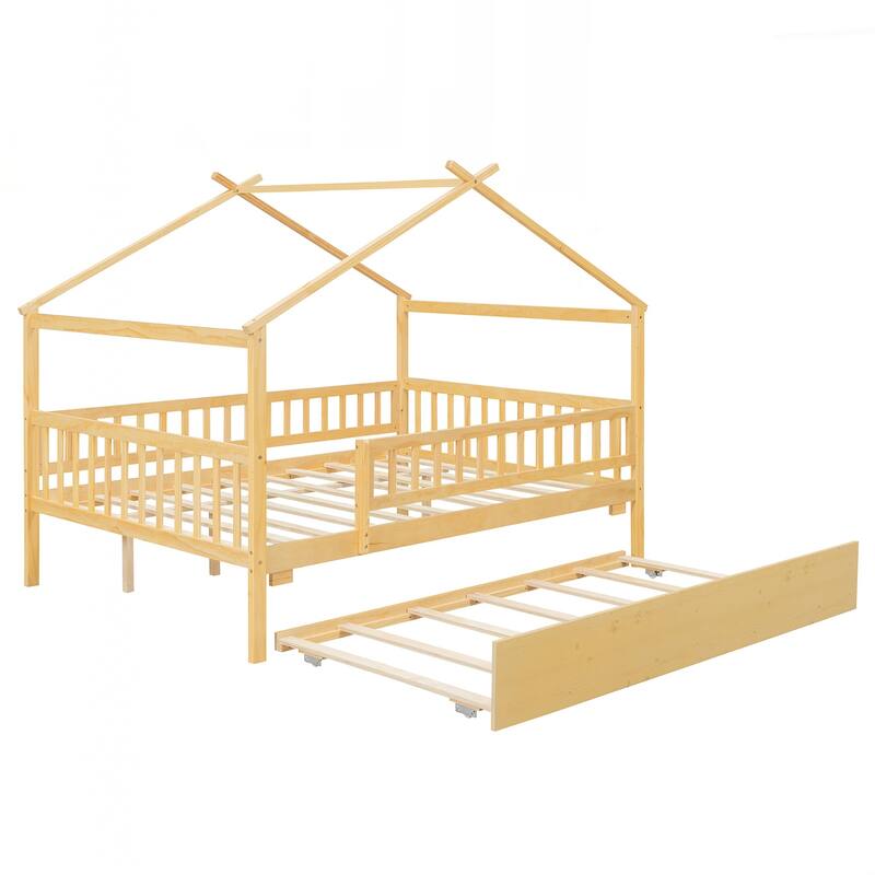 Full Size Wooden House Bed with Twin Size Trundle