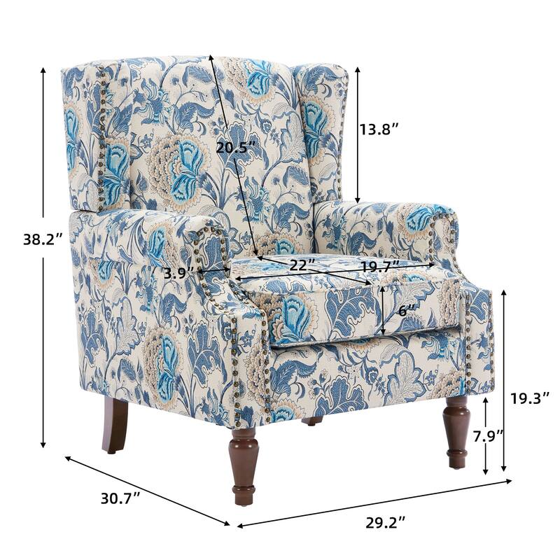 2 Set Transitional Patterned Wingback Accent Chairs with NailHead