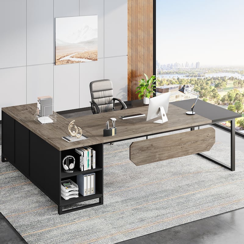 70.8-Inch Executive Desk with 55-Inch File Cabinet, Large L Shaped Computer Desk with Storage Cabinet and Shelves - Retro Gray & Black