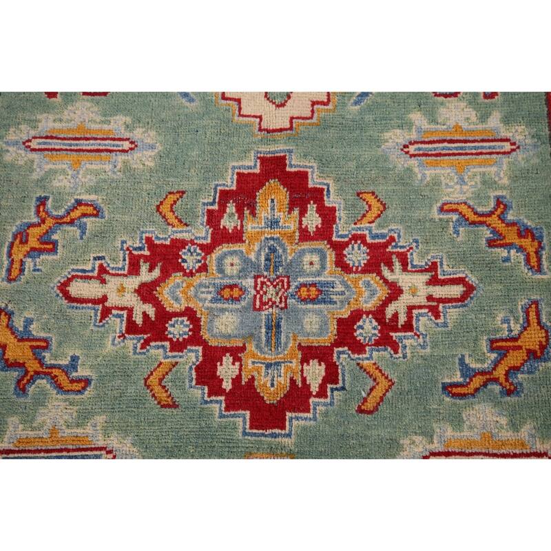 Light Green Kazak Accent Rug Handmade Wool Carpet - 3'5" x 4'11"