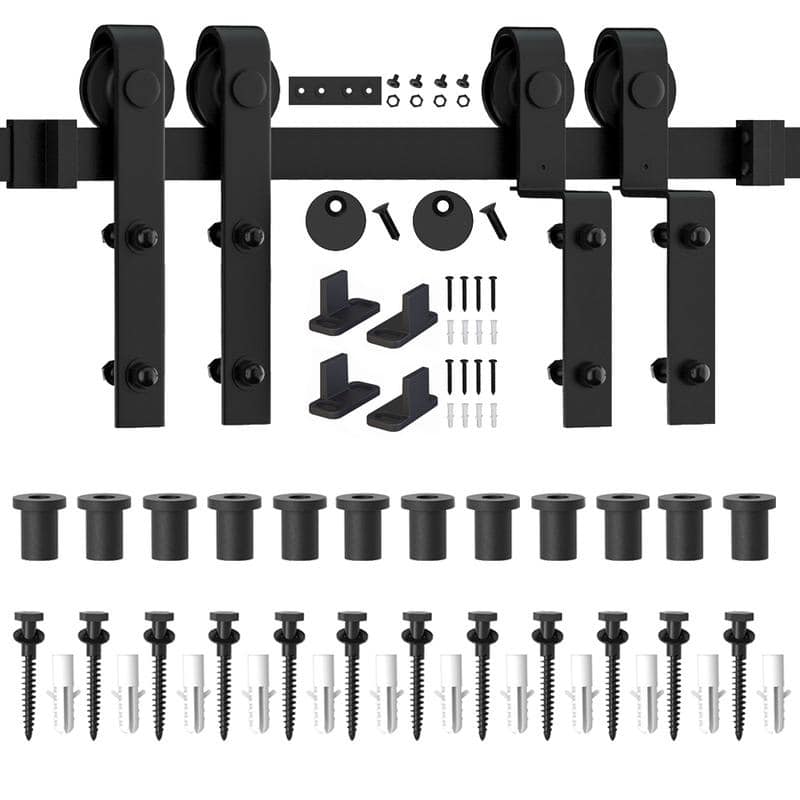 WINSOON 4-18FT Single Track Bypass Sliding Barn Door Hardware Kit for Double Doors J Style Rollers - 15FT