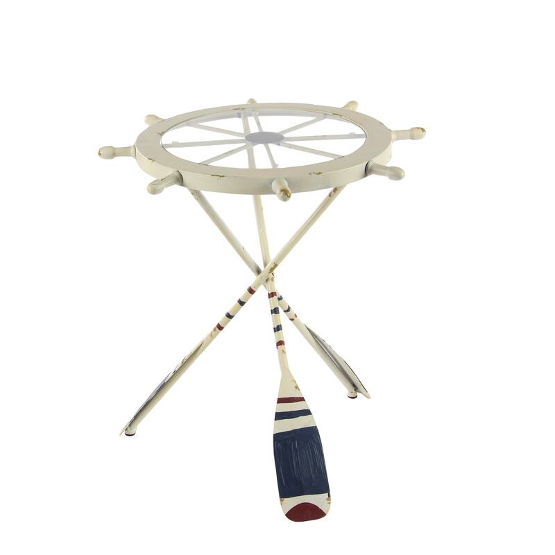 White Metal Ship Wheel Top Accent Table with Oar Shaped Legs
