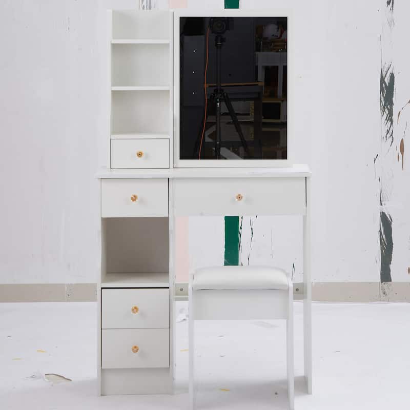 29.2" Compact Left-Drawer Vanity Set with Cushioned Stool and Sliding Mirror - White