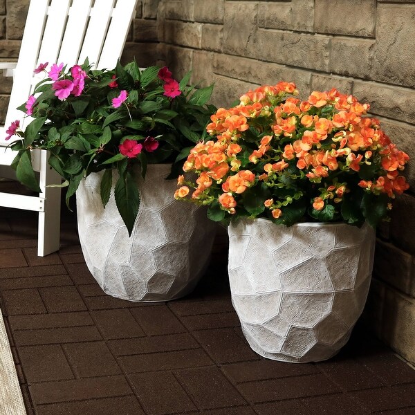 Sunnydaze Fiber Clay Carved 2-Piece Planter Set Light Gray - 12-Inch and 15-Inch - (1) 12" & (1) 15"