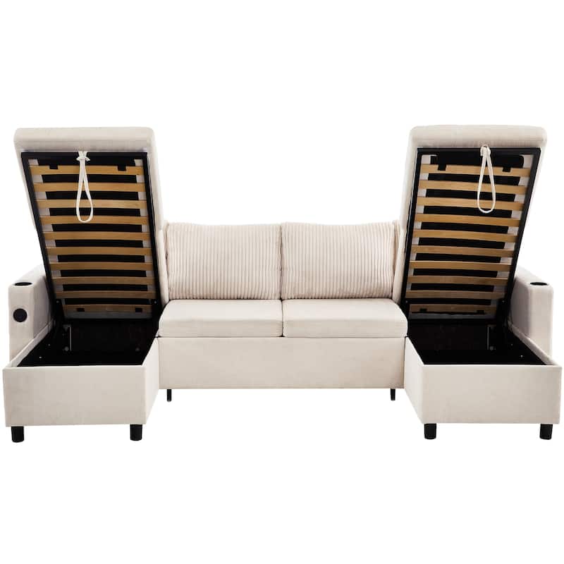111.8" Chenille Sectional Sleeper Sofa U-Shaped Convertible Sofa Bed with Storage Chaise and USB Ports