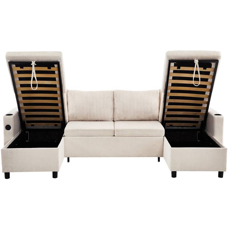 Chenille Sectional Sofa Convertible Sleeper Sofa, U Shaped Couch Sofa with 2 Storage Chaise Lounges and 2 Pillows