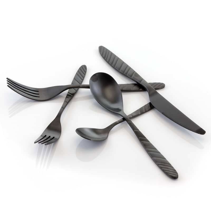 MegaChef La Vague 20 Piece Flatware Utensil Set, Stainless Steel Silverware Metal Service for 4 in Matte Black