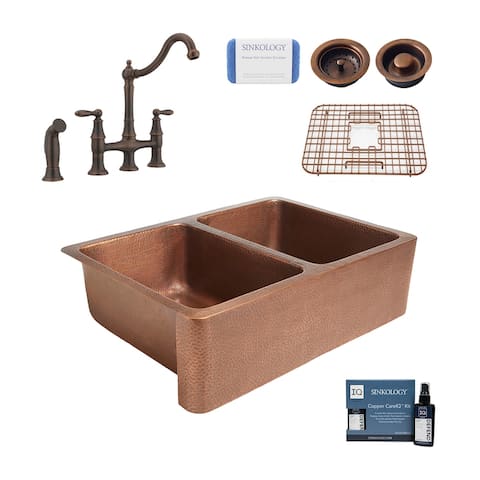 Rockwell 33" Farmhouse Copper Kitchen Sink with Bridge Faucet and Drains