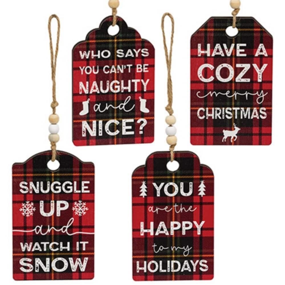 Wooden Red White Black Christmas Tree Ornaments Plaid for Gift Tags Holiday Decor 4 Asstd. - 4.75" H x 3" W x .25" D