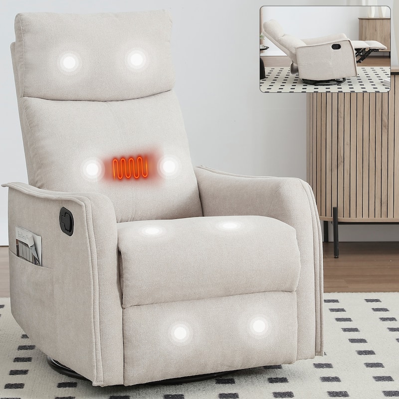 Fabric Recliner Chair with Heat, Massage, 360° Swivel Base, Adjustable Backrest, and Lumbar Support for Living Room Comfort