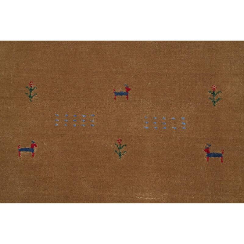 Hand Knotted Oriental 100% Wool Carpet Tribal Animal Pictorial Brown Gabbeh Runner Rug - 8' 1'' X 2' 5''