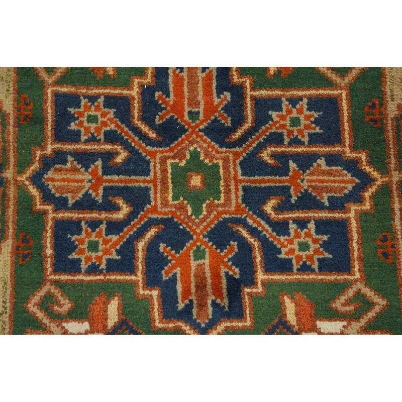 Hand Knotted Oriental 100% Wool Carpet Traditional Geometric Green Kazak Runner Rug - 7' 11'' X 2' 6''