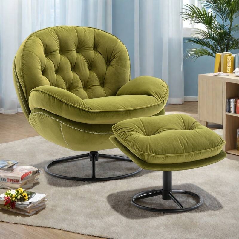 Velvet Swivel Accent Chair 360° Rotating Lounge Chair with Ottoman and Metal Legs
