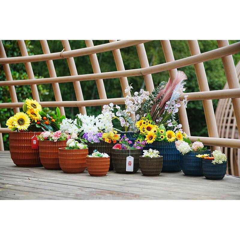 Antique Blue Ceramic Planter Set of 4 - 14.2" Square Weatherproof Plant Pots with Drainage Holes
