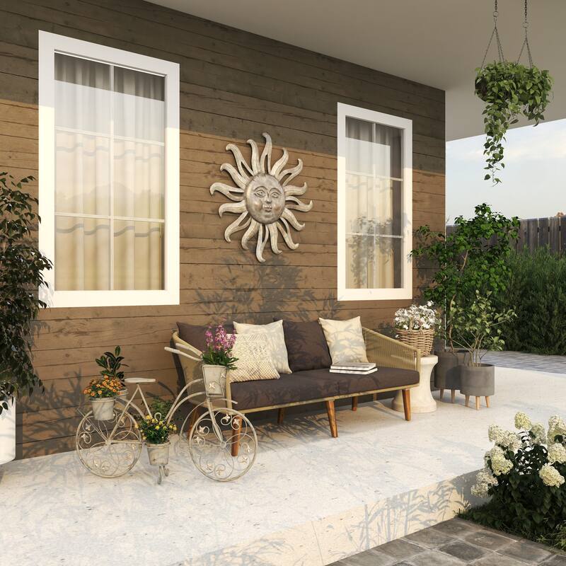 Gray Metal Distressed Indoor Outdoor Scroll 3 Tier Bike Indoor Outdoor Plantstand with Fleur De Lis Wheels