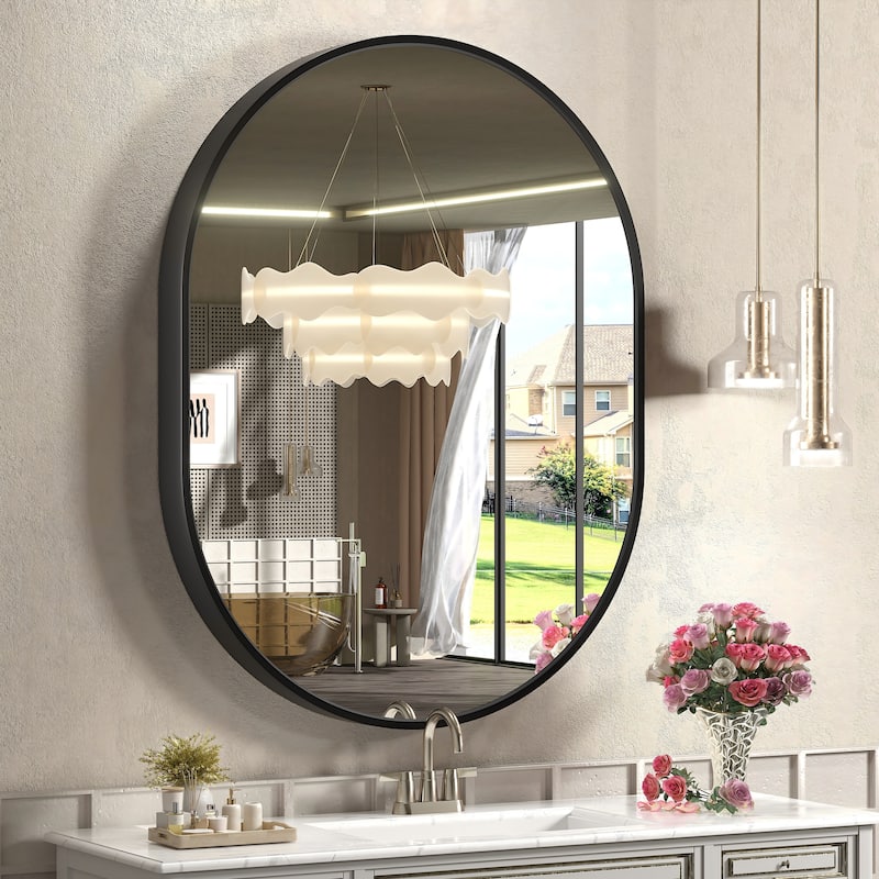 KIOTEE Oval Black Aluminum Alloy Framed French Cleat Mounted Wall Decor Bathroom Vanity Mirror with 5-Year Warranty - 30x40