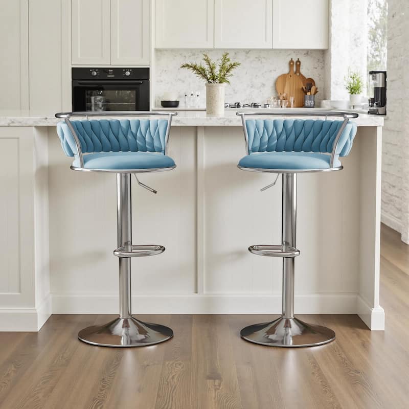 Velvet Upholstered Adjustable Bar Stool Swivel Counter Chair Set of 2 - Blue/Silver - Set of 2