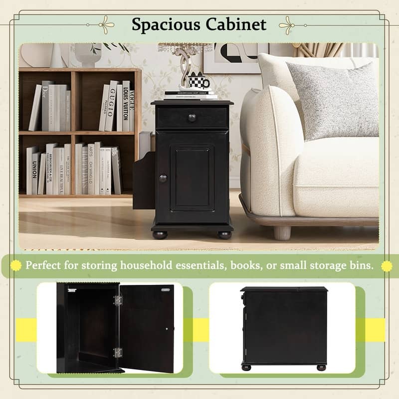Retro Flip-Top End Table – USB Ports, Cup Holder Drawer & Bookshelf, Ideal for Small Spaces.