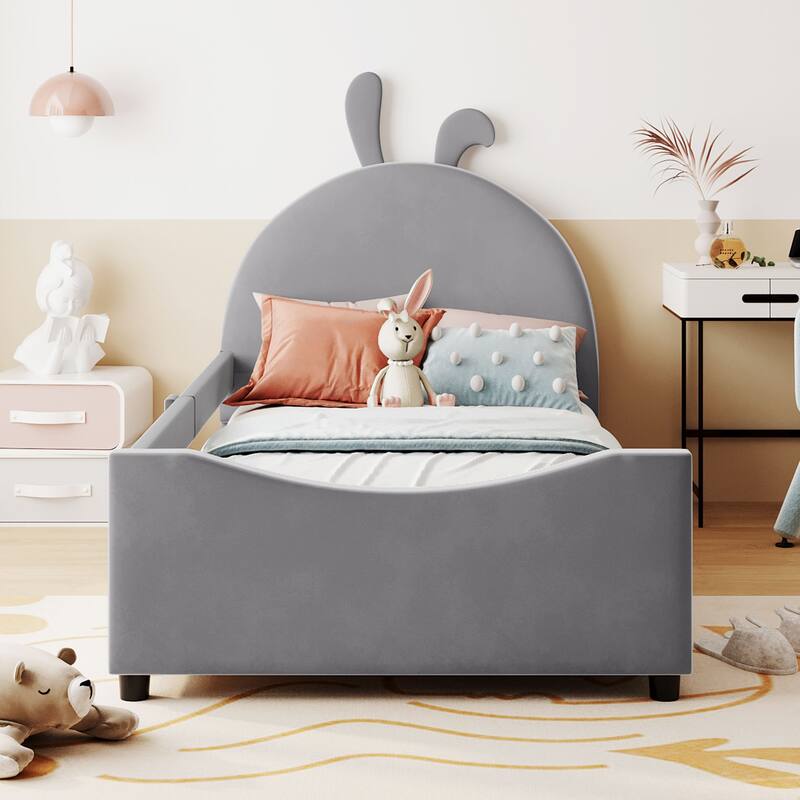 Playful Twin Daybed with Rabbit Ear Headboard, Velvet Upholstery, and Sturdy Wood Frame for Kids' Rooms