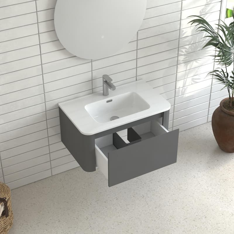 30" Wall Mounted Bathroom Vanity with Basin Floating Vanity Drawer Bathroom Cabinet with White Ceramic Integrated Basin