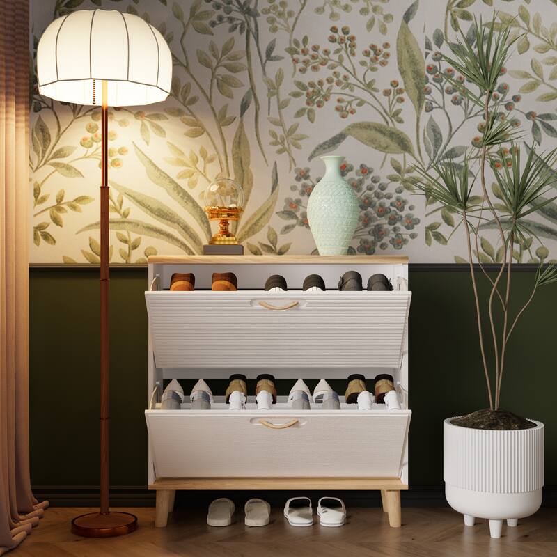 Modern White Flip Top Shoe Cabinet with Storage - 2 Tier Shoe Rack