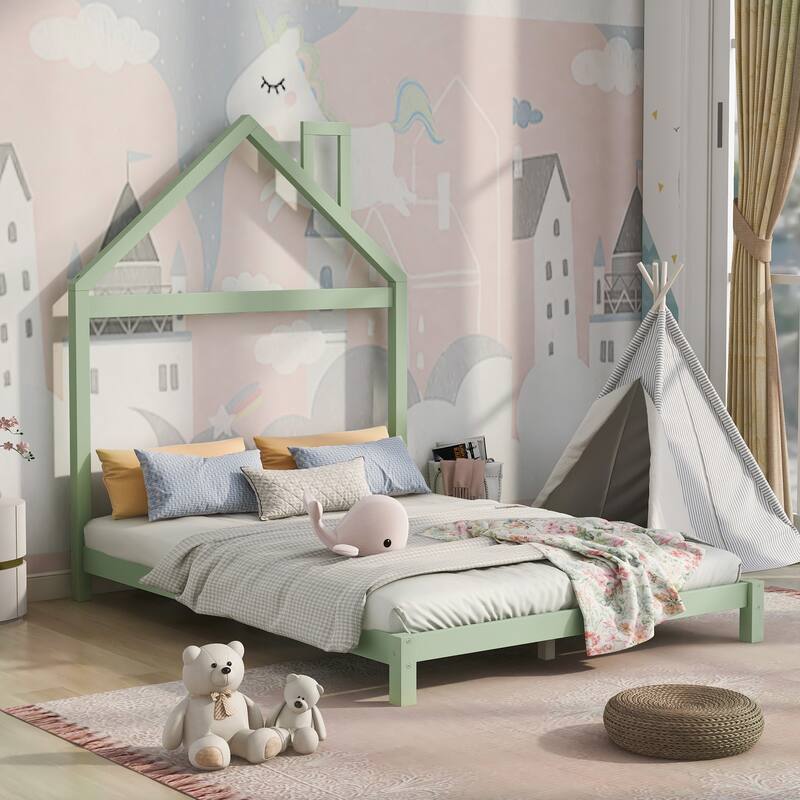 Full Size Wood Platform Bed with House-Shaped Headboard and Sturdy Pine Frame