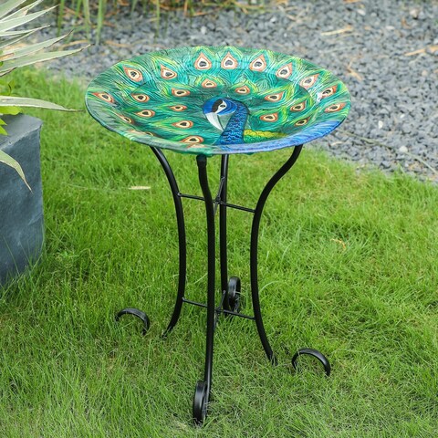 Peacock Glass Birdbath with Metal Stand