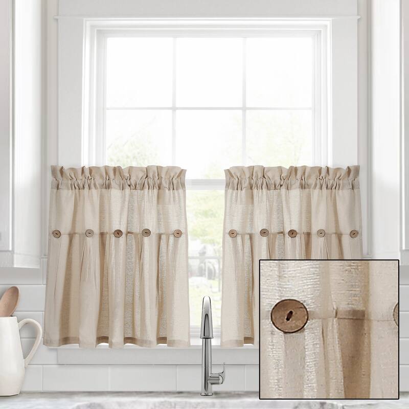 Lush Decor Linen Button Kitchen Tier Window Curtain Panel Pair