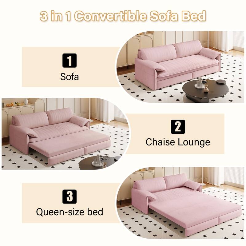 66" Queen Pull Out Sofa Bed, 3-in-1 Convertible Sleeper Sofa with Side Storage