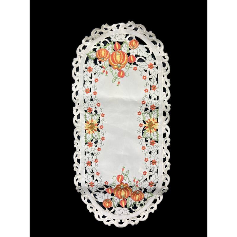 Pumpkin Embroidered Cutwork Rectangular Table Runner, 13 by 27 inch