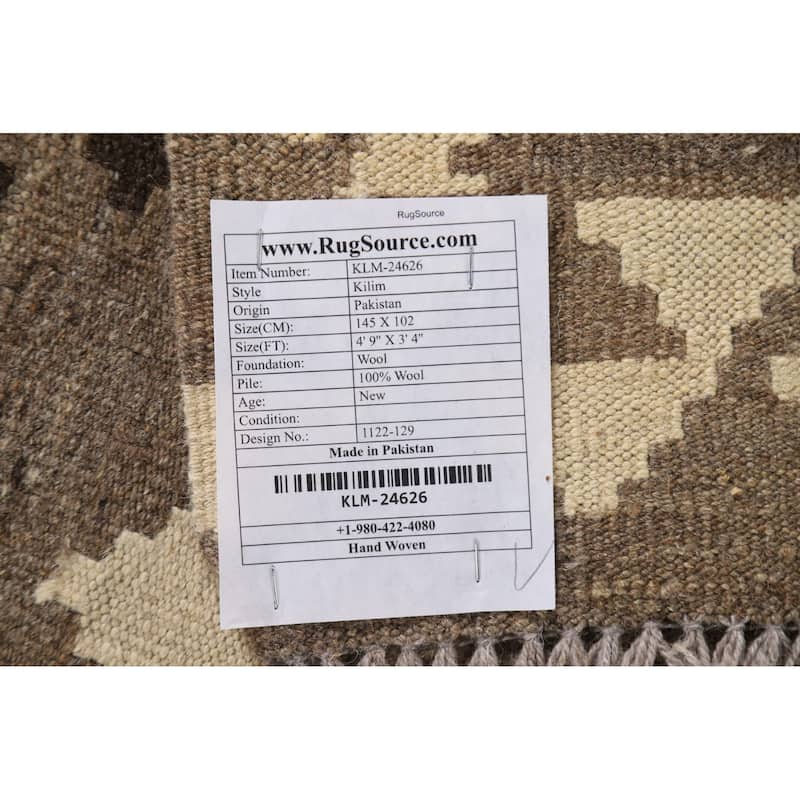 Brown Geometric Kilim Area Rug Oriental Flatweave Wool Carpet - 3'4"x 4'9"