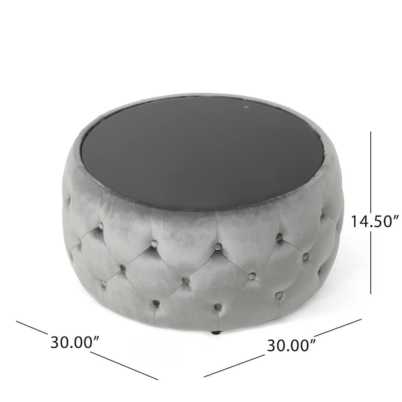 Pirana Ottoman Coffee Table, Gray Tuft Velvet, 30 Inch Tempered Glass