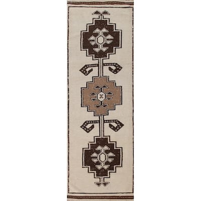 Anatolian Turkish Runner Rug Handmade Beige Tribal Wool Carpet - 3'5"x 12'3"