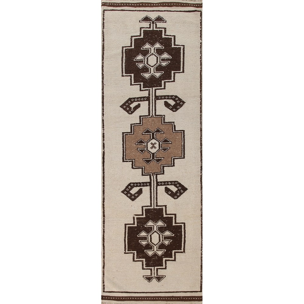 Anatolian Turkish Runner Rug Handmade Beige Tribal Wool Carpet - 3'5"x 12'3"