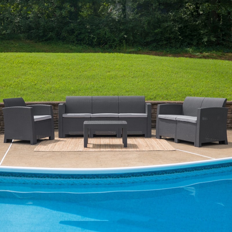 4 Piece Outdoor Faux Rattan Chair, Loveseat, Sofa and Table Set