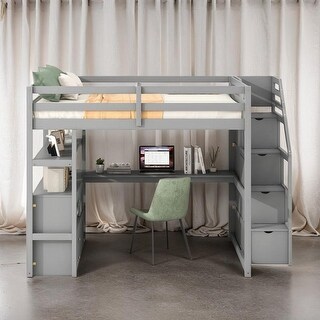 Multifunctionl Design Twin Size Loft Bed with Desk and Shelves, Two Built-in Drawers, Storage Staircase, Maximized Space, Gray