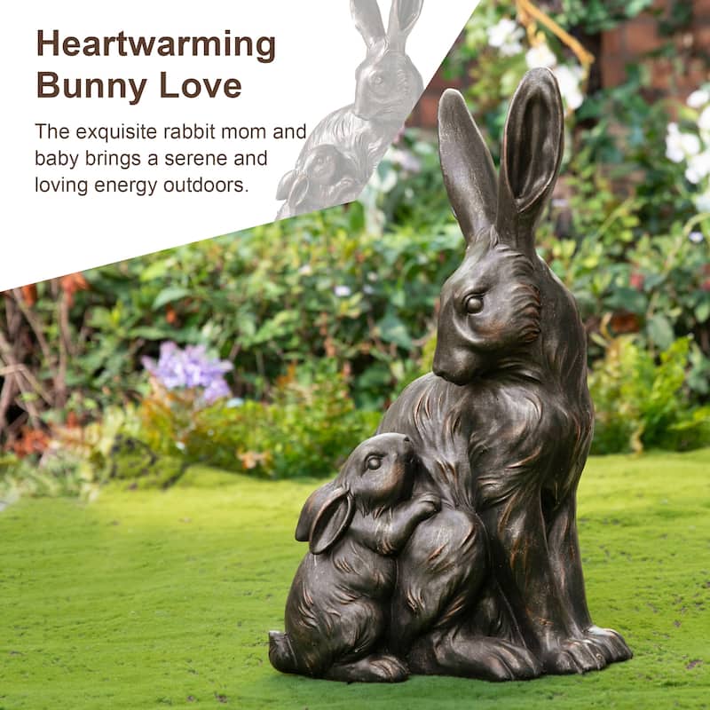 Glitzhome MGO Bronze Mom and Baby Rabbit Statue Standing Bunny Figurine