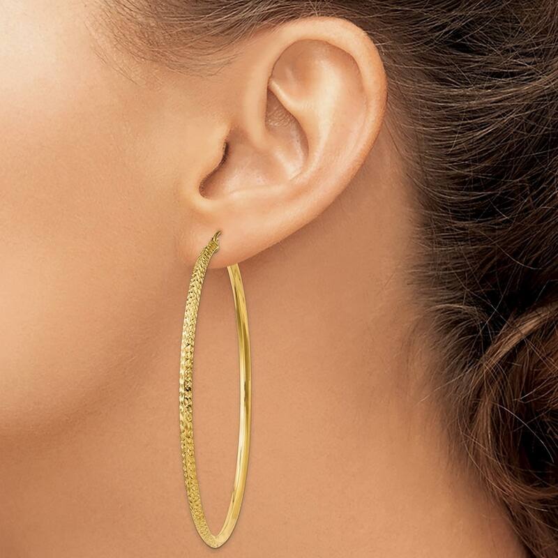 Curata 14k Yellow Gold Knife Edge Sparkle Cut Hoop Earrings - 65mm long 2.5mm Thick Jewelry Gifts for