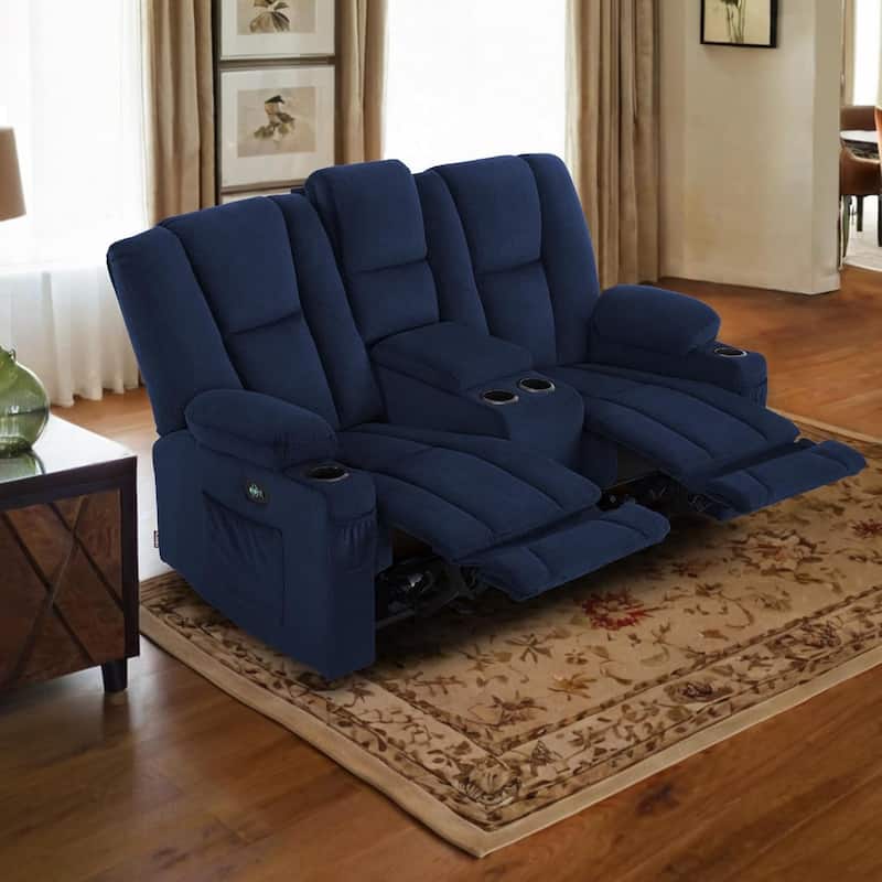 MCombo Electric Power Reclining Sofa with Massage and Lumbar Heat, Fabric 6015/6025/6035/6045 - Loveseat Recliner with Console - Blue