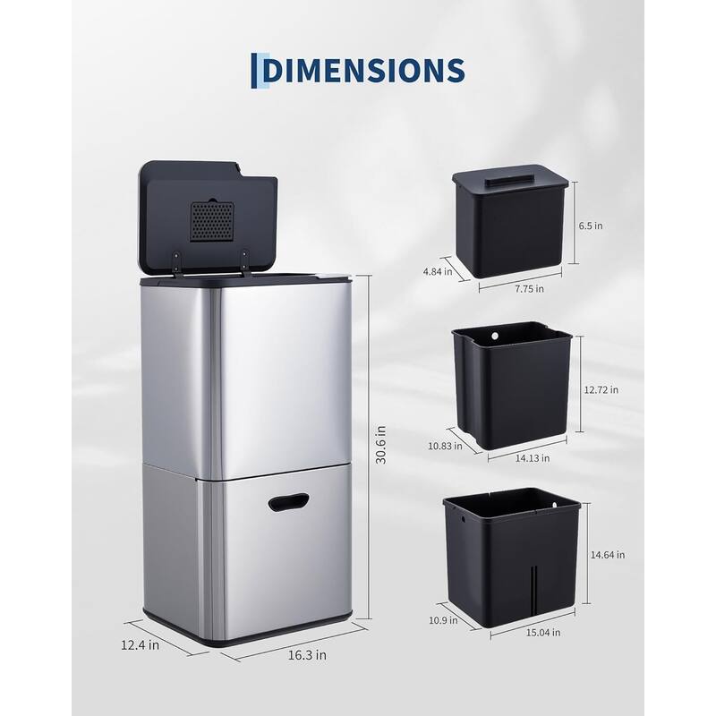 16-Gallon Dual Compartment Stainless Steel Trash and Recycle Bin with Odor Filter and Removable Buckets Silver