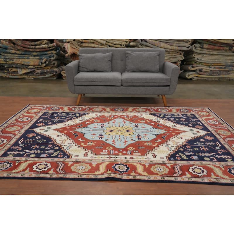 Hand Knotted Oriental 100% Wool Carpet Traditional Medallion Oranges & Rust Heriz (serapi) Area Rug - 9' 0'' X 6' 0''