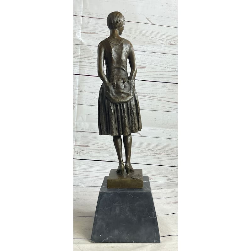 Young Woman In Dress With Short Hair Bronze Figure Statue Sculpture On Marble Base