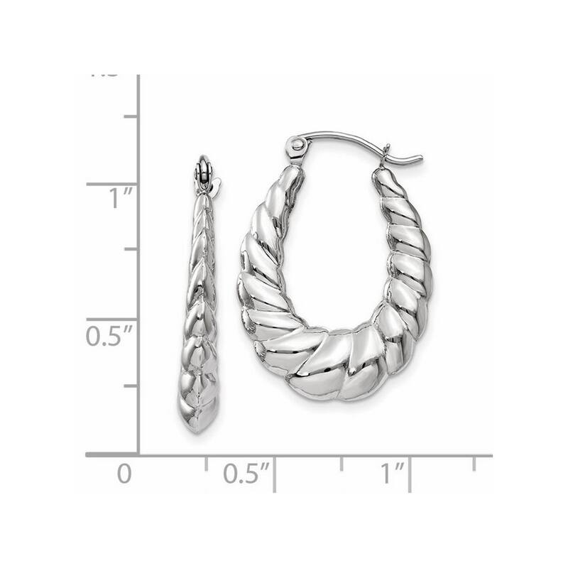 Curata 14k White Gold Polished Textured Oval Hoop Post Earrings - 24x2mm