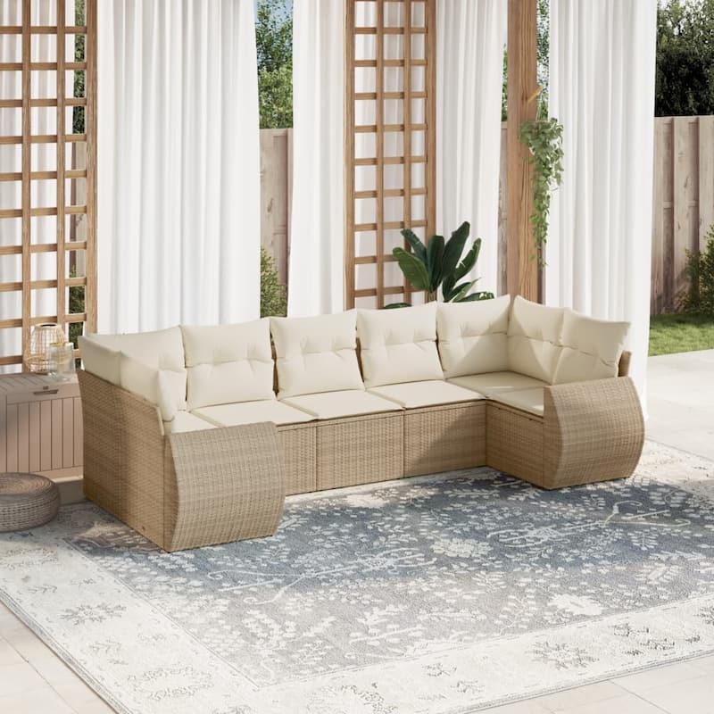 vidaXL Patio Sofa Set with Cushions Outdoor Furniture 7 Piece Poly Rattan - 24.4 x 28.0 x 27.2 - Beige and cream
