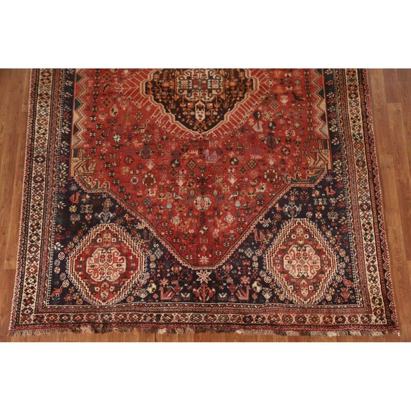 Hand Knotted Oriental 100% Wool Carpet Traditional Medallion Red Shiraz Area Rug - 9' 10'' X 6' 11''
