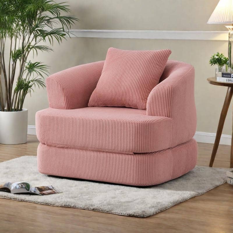 Foldable Corduroy Recliner Chair with Memory Foam Cushion - Pink