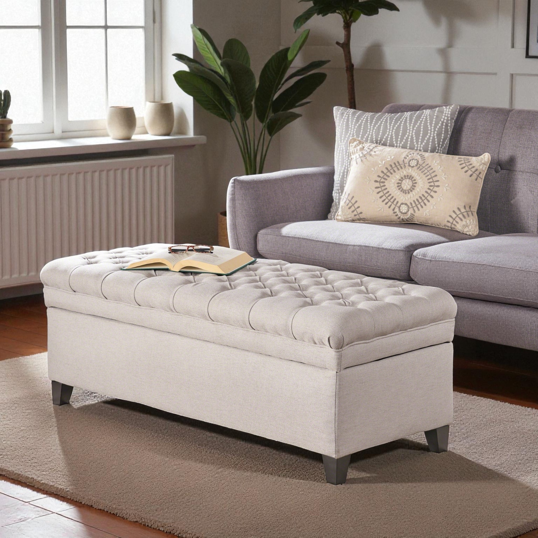 Upholstered Storage Ottoman Bench with Lift-Top Lid, Tufted Living Room Coffee Table Seat, 50 Inch Entryway Storage Chest